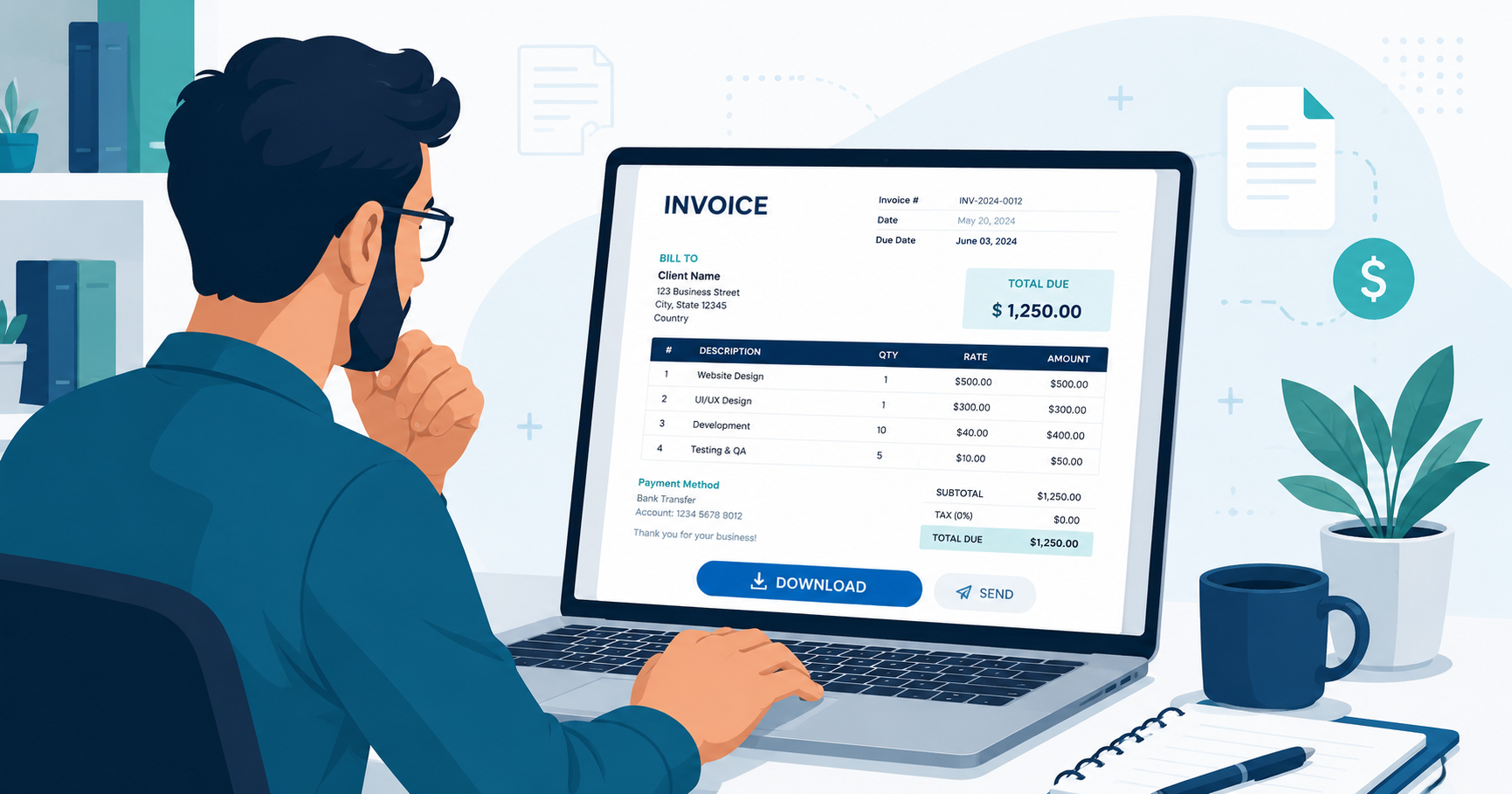 Small business owner creating a professional invoice using Octosync's free online Invoice Generator tool
