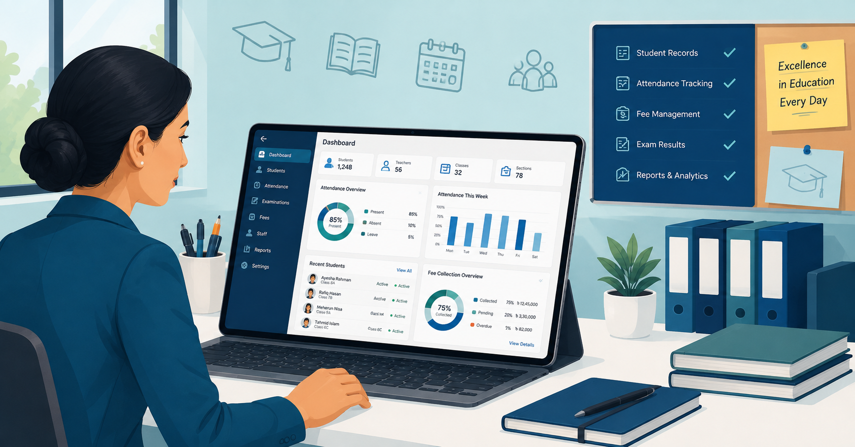 School administrator using OS Education System dashboard to manage students, staff, and attendance