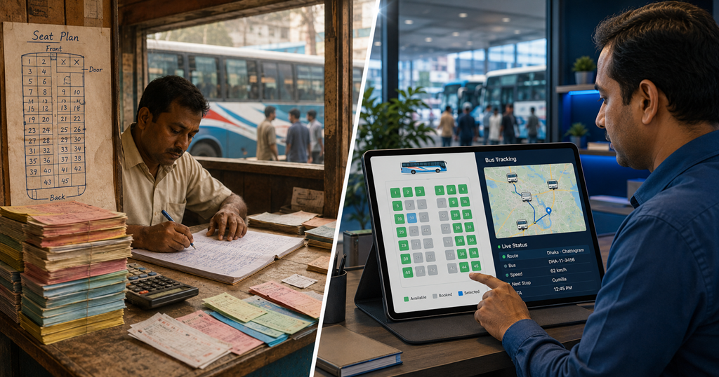 Bangladeshi bus counter with paper tickets next to a digital booking system on a tablet, representing the shift to digital ticketing